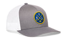 Show off your team spirit with the Haka Hat St. Louis Hockey Trucker Hat | STL X Snapback. This gray and white mesh baseball cap features a round blue and yellow patch with crossed hockey sticks, a puck, and the letters S, T, and L. Designed by Haka Hat, its classic curved brim and structured front panel combine style and comfort in a timeless snapback trucker hat perfect for any fan.