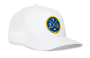 The Haka Hat St. Louis Hockey Trucker Hat | STL X Snapback is a white mesh snapback trucker hat featuring a blue and yellow circular patch with two crossed hockey sticks, the letters S, T, L, and a small puck—an ideal choice for any STL X hat collector.