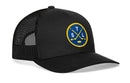 Show your St. Louis pride with the Haka Hat St. Louis Hockey Trucker Hat | STL X Snapback, a black mesh snapback hat featuring a round blue and yellow patch with crossed hockey sticks, a puck, and the letters S, T, and L—perfect for any fan of St. Louis hockey.