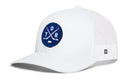 Haka Hat Toronto Hockey Trucker Hat | TOR X Snapback by Haka Hat features a white mesh snapback design with a curved brim and a premium embroidered patch—a circular blue emblem showcasing two crossed baseball bats and the letters T and R. A small black-and-white logo tag accents the left side of the cap, adding an extra touch of detail to this Toronto hockey trucker hat.
