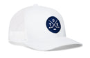 The Haka Hat Toronto Hockey Trucker Hat | TOR X Snapback features a white mesh baseball cap design with a blue circular premium embroidered patch on the front, showcasing crossed hockey sticks, a hockey puck, and the letters T, O, and R. This snapback trucker hat by Haka Hat is the perfect choice for fans looking for a classic Toronto hockey style.