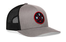 Haka Hat Washington DC Hockey Trucker Hat | WSH X Snapback in grey and black, featuring a circular patch with crossed hockey sticks, a puck, and the letters W, S, and H.