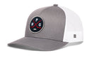 Grey and white Haka Hat Winnipeg Hockey Trucker Hat with a breathable mesh back, featuring a round patch with crossed hockey sticks and the letters P, W, and G.