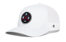 Haka Hat Winnipeg Hockey Trucker Hat - WPG X Snapback featuring a white front, breathable mesh back, and a circular patch with two crossed red hockey sticks and the letters P, W, and G in black.