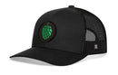 The Haka Hat Hops Trucker Hat is a black mesh snapback featuring a green hop cone beer patch on the front, an H logo on the back mesh, and an adjustable fit. By Haka Hat.