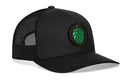 The Haka Hat Hops Trucker Hat is a black snapback by Haka Hat, featuring a green beer patch with hop cone embroidery and an adjustable closure.