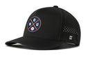 The Haka Hat Houston Baseball Performance 5-Panel Hat | HOU X Flexfit® Snapback is a black hat with a round patch of crossed orange and blue lines, HOU letters, and a baseball. It features side vents, a Flexfit sweatband, and curved brim for comfort.