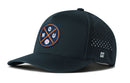The Haka Hat Houston Baseball Performance 5-Panel Hat features a black design with a round crossed-bats patch, water-repellent fabric, perforated ventilation, an H logo near the brim, and a Flexfit® sweatband for comfort.