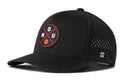 The Haka Hat Houston Basketball Performance 5-Panel Hat features a black design with a circular HOU basketball patch, side perforations, an H logo by the brim, and a Flexfit® sweatband for all-day comfort.