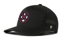 The Haka Hat Houston Football Performance 5-Panel Hat features a black design, round HOU football patch with red lines, side ventilation holes, an H logo near the brim, and a comfortable Flexfit® sweatband.
