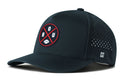 The Haka Hat Houston Football Performance 5-Panel Hat by Haka Hat is a black Flexfit® snapback featuring water-repellent fabric, side perforations, a round HOU football patch, small H logo, and sweatband—shown angled.
