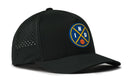 The Haka Hat Indianapolis Basketball Performance 5-Panel Snapback features black mesh side panels, a Flexfit® sweatband, and a blue, yellow, and white round IND logo with crossed lines and a small basketball on the front.