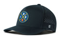 The Haka Hat Indianapolis Basketball Performance 5-Panel Hat features a dark blue design, circular IND basketball logo, side perforations for ventilation, and a Flexfit® sweatband for comfort.