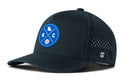 The Haka Hat Kansas City Baseball Performance 5-Panel Hat features a black design with a blue KC patch, white state outline, crossed bats, baseball graphic, side ventilation holes, embroidered H logo, and a comfortable Flexfit® sweatband.