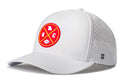 The Haka Hat Kansas City Football Performance 5-Panel Hat features a white design with a red and yellow KC/football/Missouri patch, perforated sides for ventilation, Flexfit® sweatband, snapback closure, and an H logo on the left side.