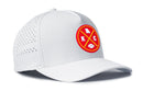 The Haka Hat Kansas City Football Performance 5-Panel Hat by Haka Hat features a white design, red and yellow KC football patch, ventilation holes on the sides, and a comfortable Flexfit® sweatband.