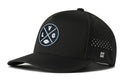 The Haka Hat Las Vegas Football Performance 5-Panel Hat is a black LVG X Flexfit® Snapback with a curved brim, mesh side panels, round LVG football logo, Flexfit sweatband for comfort, and a small “H” on the side.