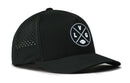 The Haka Hat Las Vegas Football Performance 5-Panel Hat features a black design, round patch with L, V, G letters and a football icon, small ventilation holes, curved bill, and Flexfit® snapback for comfort.