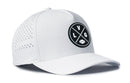 The Haka Hat Las Vegas Football Performance 5-Panel Hat | LVG X Flexfit® Snapback is a white cap with a curved bill, perforated side panels, Flexfit sweatband, and a front black and white LVG patch with football graphic.