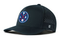The Haka Hat Los Angeles Baseball Performance 5-Panel Hat (Blue LA X Flexfit® Snapback) features a dark blue design, circular palm tree patch, water repellent perforated panels, and a white H logo on the back.