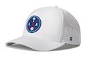 The Haka Hat Los Angeles Baseball Performance 5-Panel Hat features a blue LA patch with a palm tree, bats, L and A letters, baseball graphic, airy perforations, small H logo on the side, and a Flexfit® snapback for comfort.