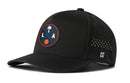 The Haka Hat Los Angeles Basketball Performance 5-Panel Hat features a circular LA logo with a palm tree, basketball, and crossed lines, plus side vents, a white H logo by the brim, and Flexfit® sweatband—perfect for LA hoops fans.