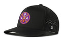 The Haka Hat Los Angeles Basketball Performance 5-Panel Hat by Haka Hat features a black build, purple and gold circular LA logo with palm tree, basketball, crossed lines, ventilation holes, white H logo near the brim, and Flexfit® snapback.