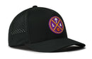 The Haka Hat Los Angeles Basketball Performance 5-Panel Hat by Haka Hat features a black design, perforated side panels, and a front circular logo with a palm tree, basketball, and L/A in purple and yellow—perfect for LA basketball fans.