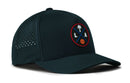 The Haka Hat Los Angeles Basketball Performance 5-Panel Hat features a black build, round LA logo with palm tree and basketball, side ventilation perforations, and a Flexfit® sweatband for comfort.