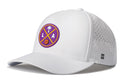 The Haka Hat Los Angeles Basketball Performance 5-Panel Hat by Haka Hat features a curved brim, purple and yellow circular LA logo with palm tree and basketball, perforated side panels, and a Flexfit® sweatband for comfort.