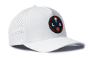 The Haka Hat Los Angeles Basketball Performance 5-Panel Hat features a round black patch with a palm tree, basketball, and LA letters, plus ventilation holes and a Flexfit® sweatband for comfort.