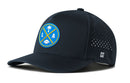 The Haka Hat Los Angeles Football Performance 5-Panel Hat features water repellent black fabric, a blue/yellow circular LA logo with palm tree and football, side white H logo, ventilation holes, and a Flexfit sweatband.