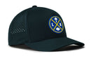 The Haka Hat Los Angeles Football Performance 5-Panel Hat is a dark blue LA X Flexfit® snapback with a round palm tree patch, L and A letters, white football icon, side ventilation holes, and a comfortable Flexfit sweatband.