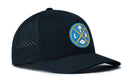 The Haka Hat Los Angeles Football Performance 5-Panel Hat is a black mesh Flexfit® snapback featuring a blue and yellow LA round patch with crossed lines, palm tree, football, and sweatband for comfort.