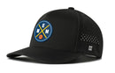 The Haka Hat Memphis Basketball Performance 5-Panel Hat (MEM X Flexfit® Snapback) is black with a circular blue logo featuring crossed pickaxes, E and M letters, a basketball, side ventilation holes, Flexfit sweatband, and an H logo.