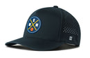 The Haka Hat Memphis Basketball Performance 5-Panel Hat features the MEM X logo with pickaxes and a basketball, side ventilation holes, a small H logo, and a comfortable Flexfit® sweatband.
