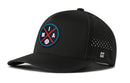 The Haka Hat Miami Baseball Performance 5-Panel Hat features a curved brim, side perforations, and a circular MIA logo with crossed lines and a baseball. This black Flexfit® snapback blends style and function for Miami fans.