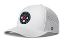 The Haka Hat Miami Baseball Performance 5-Panel Hat | MIA X Flexfit® Snapback features a water repellent design, black/blue/red circular Miami logo on the front, and side ventilation holes for comfort.