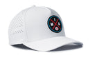The Haka Hat Miami Baseball Performance 5-Panel Hat features perforated side panels and a round front patch with crossed bats and MIA letters—a must-have white Flexfit® snapback for Marlins fans.