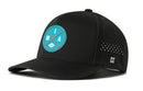 The Haka Hat Miami Football Performance 5-Panel Hat features a black design with a blue, red, and white circular "MIA" football logo, water-repellent fabric, side perforations, an embroidered “H”, and a comfortable Flexfit® snapback.
