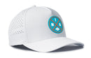 The Haka Hat Miami Football Performance 5-Panel Hat features a white mesh design, circular blue/red/white MIA logo with football, and a Flexfit® sweatband for comfort.