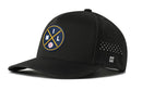 The Haka Hat Milwaukee Baseball Performance 5-Panel Hat features a round patch with yellow and blue crossed lines, M, I, L letters, a baseball, perforated sides, Flexfit® sweatband for comfort, and a small H logo on the left.