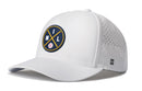 The Haka Hat Milwaukee Baseball Performance 5-Panel Hat | MIL X Flexfit® Snapback by Haka Hat is a white cap with a round patch (yellow/blue lines, "MIL", baseball), side vents, Flexfit sweatband, and small H logo.