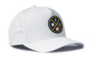 The Haka Hat Milwaukee Baseball Performance 5-Panel Hat | MIL X Flexfit® Snapback features a white design, perforated back, Flexfit sweatband, and a front black patch with crossed yellow bats, “M,” “I,” “L,” and a small baseball.