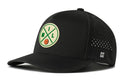 The Haka Hat Milwaukee Basketball Performance 5-Panel Hat features a black design with a round patch showing green crossed lines, "MIL" letters, and a basketball. It includes side vents, an H logo on the brim, and a Flexfit® sweatband for comfort.