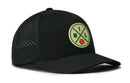 The Haka Hat Milwaukee Basketball Performance 5-Panel Hat | MIL X Flexfit® Snapback is a black cap with a perforated back, Flexfit sweatband, and a front patch showing crossed green lines, M I L letters, and a basketball.
