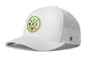 The Haka Hat Milwaukee Basketball Performance 5-Panel Hat features a white design with a green and yellow MIL basketball logo, perforated side panels, a small H logo, and a Flexfit® sweatband for comfort.