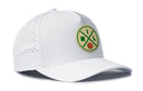 The Haka Hat Milwaukee Basketball Performance 5-Panel Hat features a white design with side ventilation holes, a Flexfit® sweatband, and a green and yellow circular MIL basketball logo on the front.