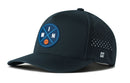 The Haka Hat Minneapolis Basketball Performance 5-Panel Hat features a navy design, circular MIN basketball patch, perforated side detailing, white H logo on the back, and a Flexfit® sweatband for comfort.