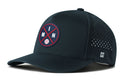 The Haka Hat Minnesota Baseball Performance 5-Panel Hat | MIN X Flexfit® Snapback features a black design with a round crossed bats patch, M and N letters, baseball detail, Flexfit sweatband for comfort, ventilation holes, and a subtle “H” logo.